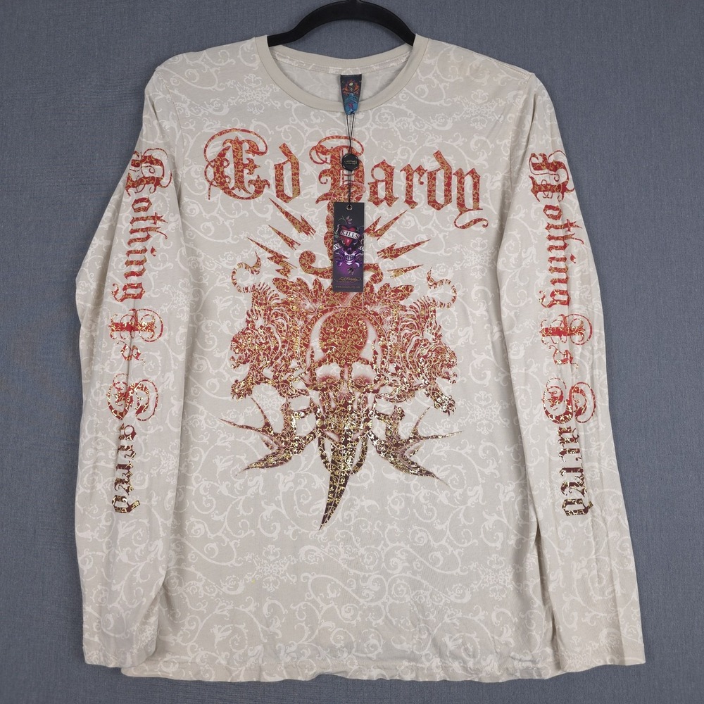 Ed Hardy Stencil Foiled Long Sleeve Shirt Mens XL‎ Beige Skull Dagger Tiger Y2K